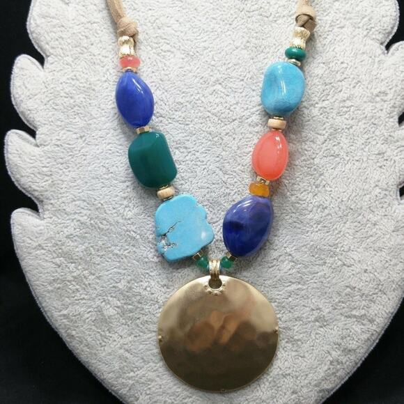 Chico’s Multicolor Beaded Necklace Gold Pendant Suede Cord NWT Statement - Picture 8 of 16